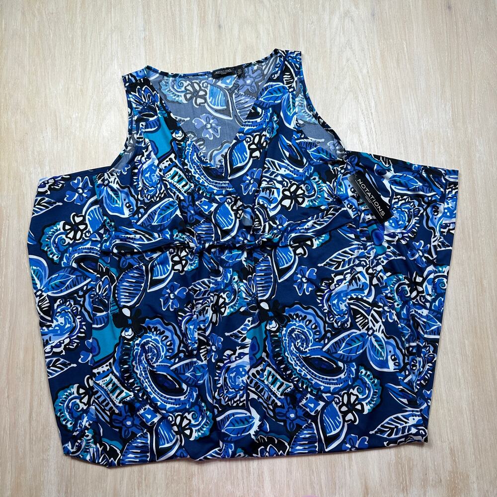 NWT Notations Blue Paisley Sleeveless Tie Waist Stretch Plus Midi Dress 3X